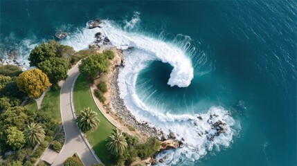 Aerial view of a crashing wave and coastal greenery along a scenic road.
