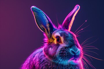 Studio portrait of a rabbit bathed in colorful neon light, creating a vibrant and artistic effect