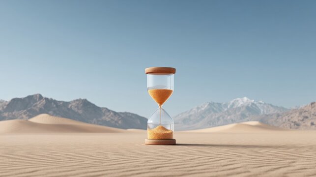 An hourglass filled with orange sand stands in a serene desert landscape under a clear sky.