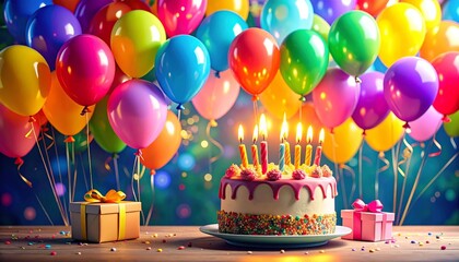 birthday party balloons, colourful balloons background and birthday cake with candles