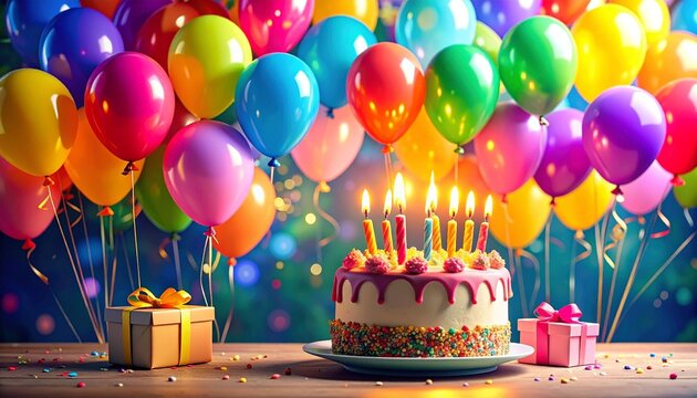 birthday party balloons, colourful balloons background and birthday cake with candles