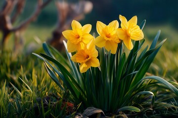 Obraz premium Vibrant yellow daffodils blooming in a lush green garden, symbolizing spring's arrival.