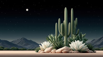 Lush desert landscape featuring cacti, succulents, and stones under a starlit sky.