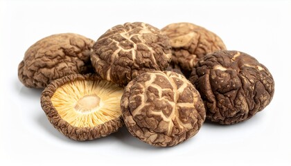 Dried Shiitake Mushrooms Close-up on White Background - Ingredient Still Life