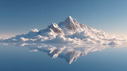 Obraz premium Majestic mountain peak rising above clouds, mirrored in calm water below.