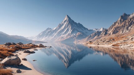 Majestic mountain reflected in a serene lake, surrounded by rocky terrain and clear sky.