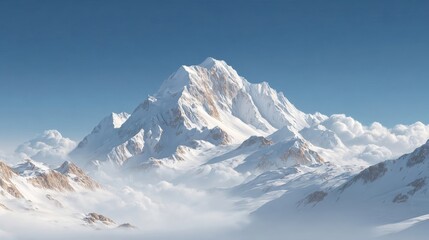 Majestic snow-capped mountain peak surrounded by fluffy clouds under a clear blue sky.