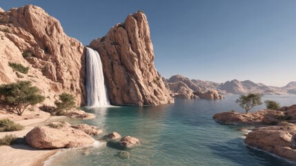 Naklejka premium Scenic waterfall cascading into a tranquil water body, surrounded by rocky cliffs and greenery.