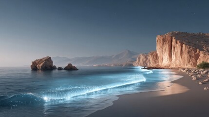 Obraz premium Serene beach scene at twilight with glowing waves and rocky cliffs.