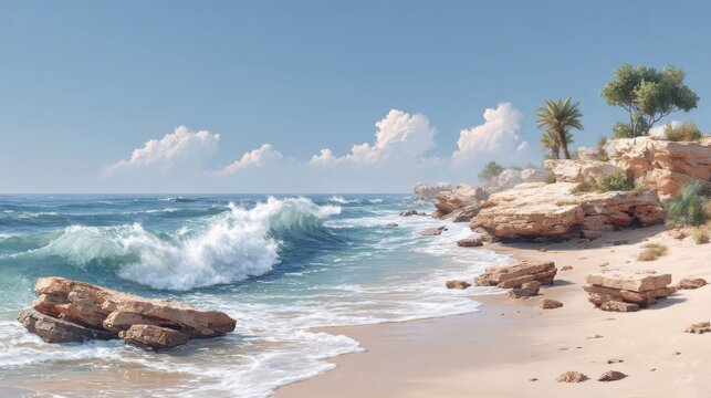 Scenic beach landscape with waves, rocky shoreline, and palm trees under a clear sky.