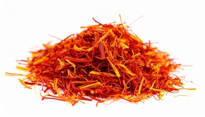 Hyper Realistic Saffron Threads Pile on White Background - Ingredient Close-up Editorial