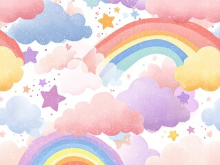 Pastel rainbow and cloud seamless pattern.  Delicate, textured clouds and rainbows in soft, pastel colors, featuring stars and sprinkles on a white background