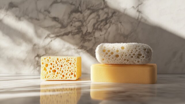 Three sponges in various colors and textures are arranged on a marble surface, illuminated by soft light, showcasing their unique porous designs.