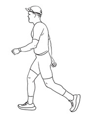 One young athlete sportsman running, jogging in competition, profile view, realistic contour hand drawing, vector illustration