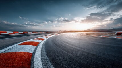 Naklejka premium Dramatic Asphalt Race Track Curve with Sunset and Cloudscape for Racing or Motorsports Background
