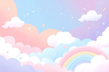 Pastel sky with clouds and rainbow, a dreamy and whimsical illustration.  Soft colors and small details create a cute, child-like aesthetic