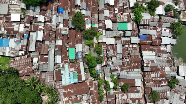Slum Living Settelment Area in Dhaka City Bangladesh Top down Aerial Footage