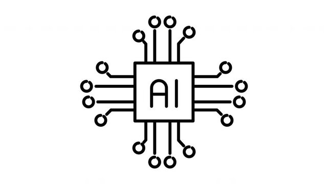 AI Circuit Board Background. Minimalist motherboard with processor chip, AI integrated technology. Animated chip icon with AI text and circuit lines motion graphics