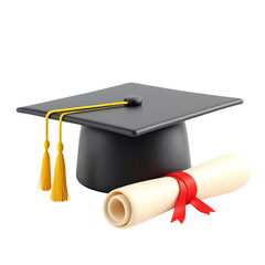Graduation cap and diploma isolated on transparent background, symbolizing academic success