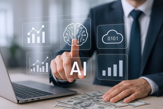 Artificial Intelligence Technology Integration: Businessman Interacting with AI Interface for Data Analysis and Financial Growth - Powered by Adobe