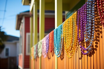 Colorful mardi gras beads decorate a wooden fence in the historic french quarter of new orleans, louisiana