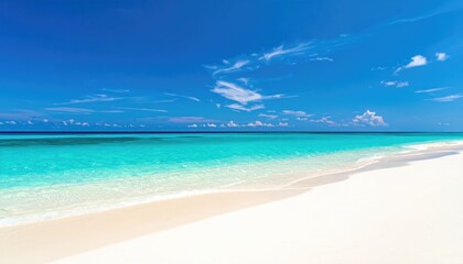 A serene beach with clear turquoise waters and white sandy shorelines