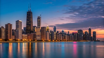 Fototapeta premium Chicago skyline at dusk with illuminated skyscrapers reflecting on Lake Michigan 