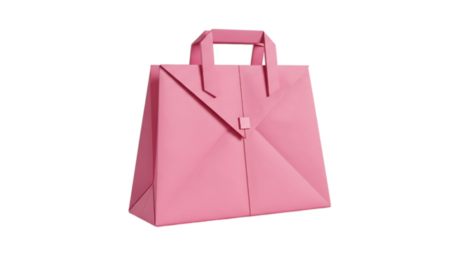 Pink origami paper bag isolated on transparent background for shopping