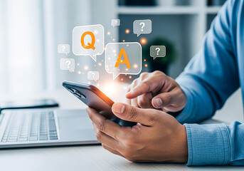 Man using smartphone with interactive q and a icons floating above