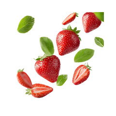 Isolated flying strawberries with green leaves on white background, cut strawberry pieces falling in the air, realistic photo style,