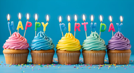  Colorful Birthday Cupcakes with Lit Candles: Celebration Treats for Party, Festive Celebration, and Sweet Moments