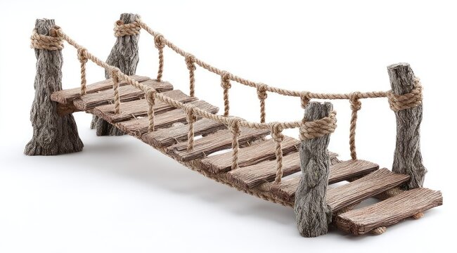 Fototapeta Rustic rope bridge, wooden planks, small scale