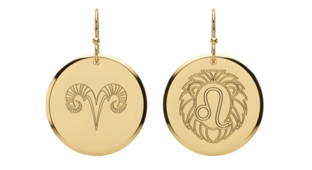 Zodiac sign earrings in circular shape, isolated on white background