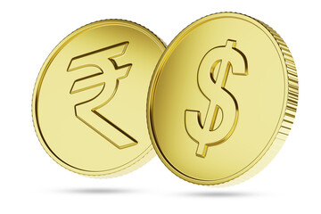 Golden coins with dollar and rupee sign isolated on white background. 3d illustration.
