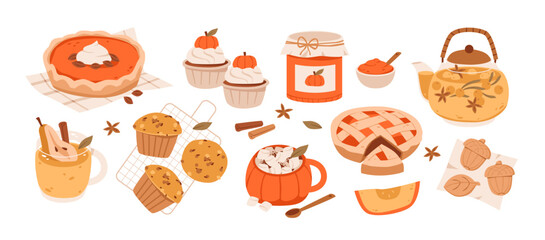 Autumn desserts with pumpkin pie, cupcakes, cookies, and hot drinks. Fall bakery treats. Seasonal food set for bakery, cozy holiday, and kitchen themes. Flat vector illustration.