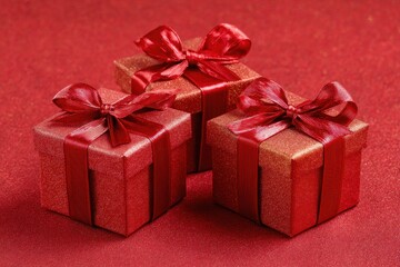 Obraz premium Three sparkly red gift boxes with matching ribbons on a textured red surface. It can represent holidays, birthdays, or a token of appreciation.