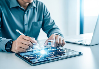 Man using stylus on tablet with holographic interface and laptop