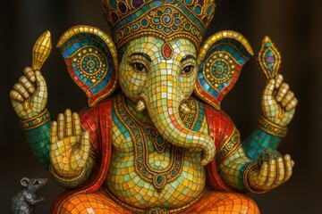Fototapeta premium Detailed mosaic Ganesha statue with colorful tiles and gold accents