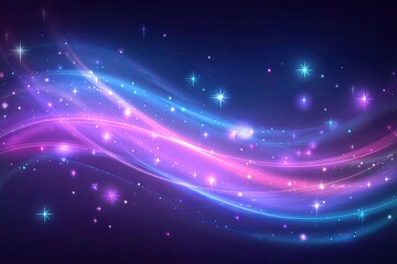Abstract cosmic swirls, glowing with  pink and blue light.  Cosmic particles and stars scattered across a dark background