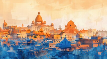 Fototapeta premium A vibrant cityscape at sunset, showcasing historical architecture with domes and towers. The sky is painted in warm orange and blue hues.