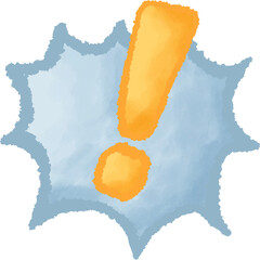 Hand drawn watercolor illustration of an orange exclamation mark inside a blue explosion shape. It has soft textured edges and an artistic style. Isolated on a transparent background.