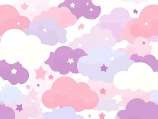 A whimsical repeating pattern of pastel-colored clouds and stars.  Delicate, soft-edged shapes fill the background, creating a dreamy, airy atmosphere