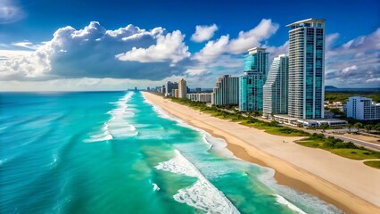 Fototapeta premium Aerial view of tropical beach with turquoise water and modern skyscrapers along coastline representing travel and tourism 