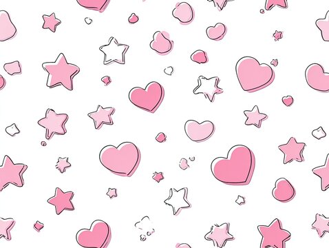 Delicate, scattered pattern of hearts and stars in soft pink on white