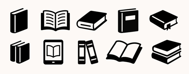 Book icon set. Books vector flat illustrations collection. Open book, closed book icons. E-book icon. Back to school, library signs. Study concept symbols