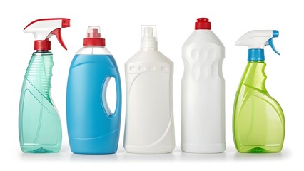 Assorted cleaning product bottles on white background
