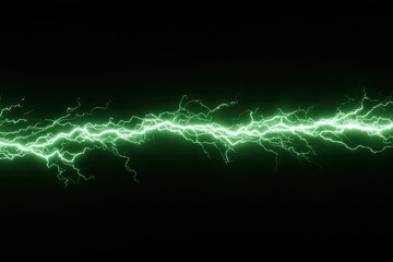 Green lightning bolts against a black background. A horizontal band of luminous, jagged, glowing green electrical discharges