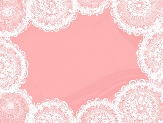 Soft pink background framed by intricate white lace doilies