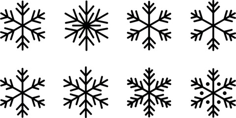 Collection of eight intricate black and white snowflake illustrations displayed against a clean white background