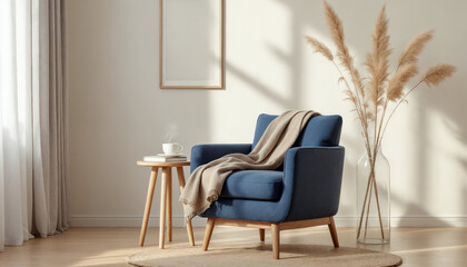 Minimalist Scandinavian living space with navy armchair, coffee, and dried botanicals.
